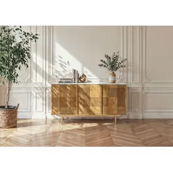 Sideboard Mango 150x40x80 hellbraun geölt / Marmor weiß MIAMI #101