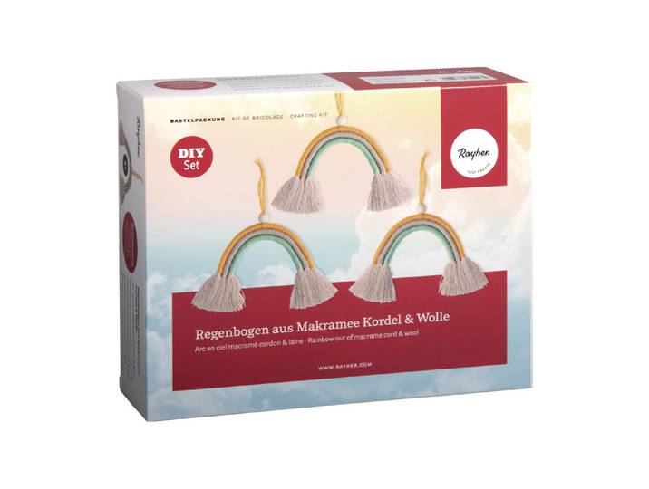 BP: Regenbogen aus Makramee Kordel+Wolle, ca. 13 cm, mit Anleitung, Box 3Stück