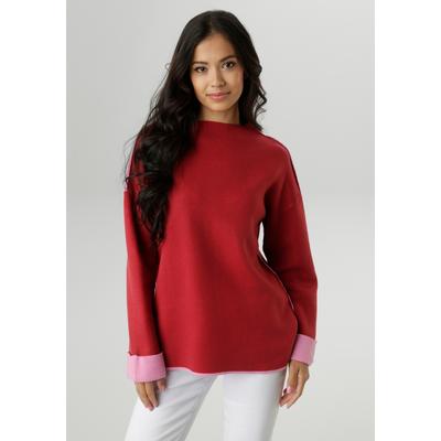 Strickpullover ANISTON SELECTED, Damen, Gr. 46, bunt (bordeaux, rosa), Feinstrick, Obermaterial: 100% Polyacryl, unifarben mit Farbeinsätzen, oversize hüftbedeckend, U-Boot-Ausschnitt, Umschlagsaum kontrastfarben, Pullover Strickpullover, mit...