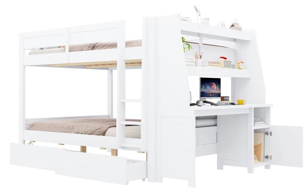 Etagenbett - Multifunktionales Bett mit Stauraum - 140 x 200 cm - Schutzgitter - Verschiebbarer Schrank - Integrierter Schreibtisch - Regal und Schubladen - Weiß