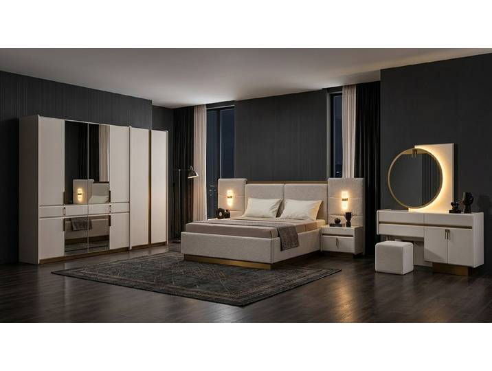 JVmoebel Schlafzimmer-Set Modernes Schlafzimmer Set komplett Doppelbett Kleiderschrank Beige, (Schlafzimmer Set, 4-tlg., 4-tlg)