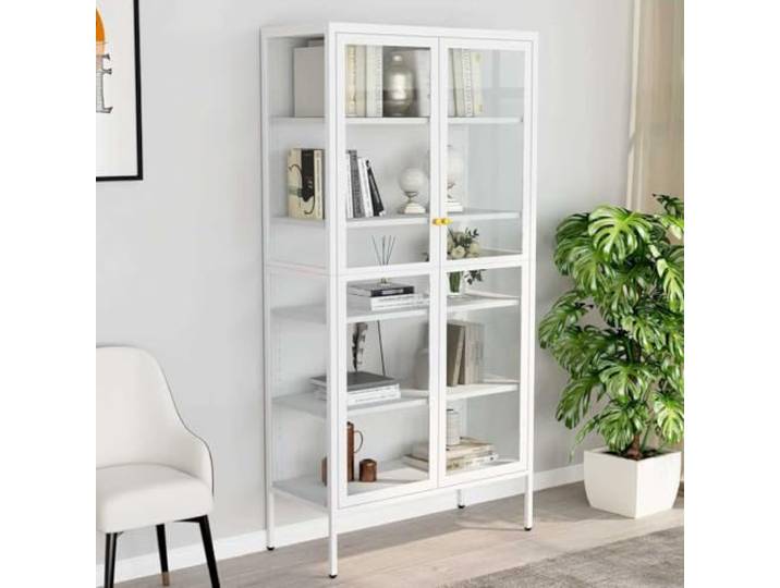 Vitrine Weiß 90x40x180 cm Stahl Und Gehärtetes Glas mit 4 Verstellbaren Stahl-Glas-Konstruktion, 4 verstellbare Einlegeböden, feucht abwischbar, Beistellschrank, moderne Optik
