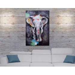 Ölgemälde Elefant HWC-H25, Leinwandbild Wandgemälde Gemälde, handgemaltes XL Wandbild ~ 120x80cm