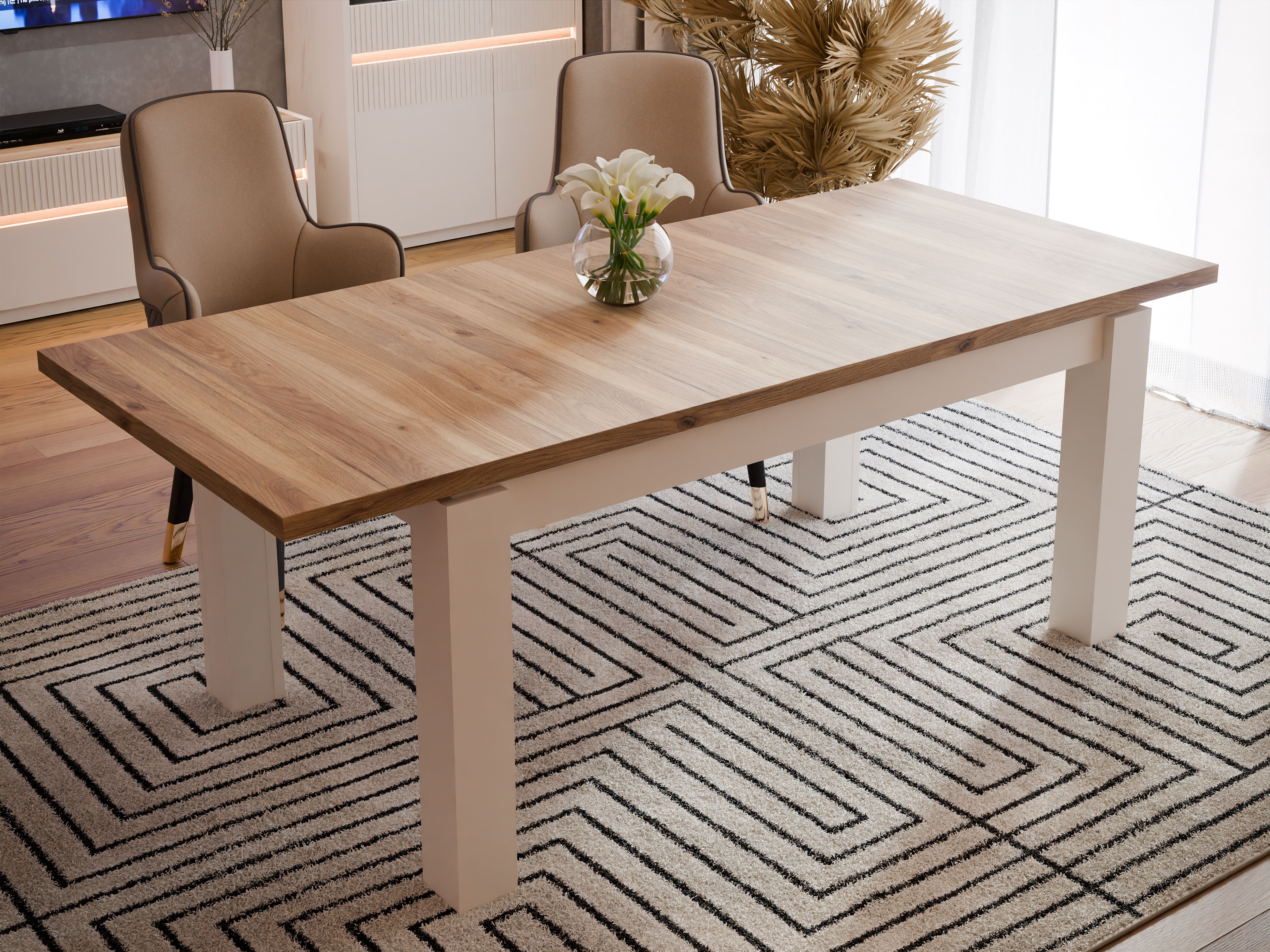 Esstisch FORTE "Oak Squere, Esstisch, ausziehbar, Tischplatte in Holzoptik", beige (mauvella eiche, kashmir beige, kashmire beige, mauvella eiche), B:160,4cm H:76,1cm T:90,4cm, Tische, Esstisch, B/H/T 160,4/76,1/90,4 erweiterbar auf 2,06 mrt. mauvella eic