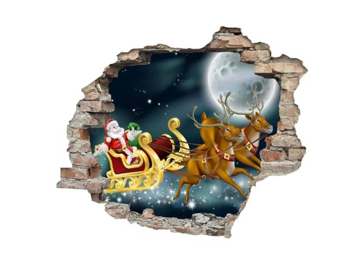 Queence 3D-Effekt Weihnachten ca. 60x50 cm Wandtattoo Wanddurchbruch Weihnachten Durchbruch selbstklebendes Wandbild Wandsticker Tattoo (Rudolf)