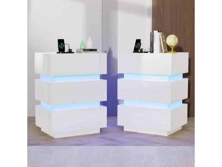Table de chevet - PIPIPOXER - Lot de 2 - 3 Tiroirs - Station de Charge USB - Éclairage LED - Blanc