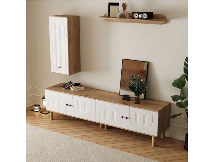 MEULVA Ensemble mural TV 3 pièces 170 cm blanc et bois naturel avec portes sculptées