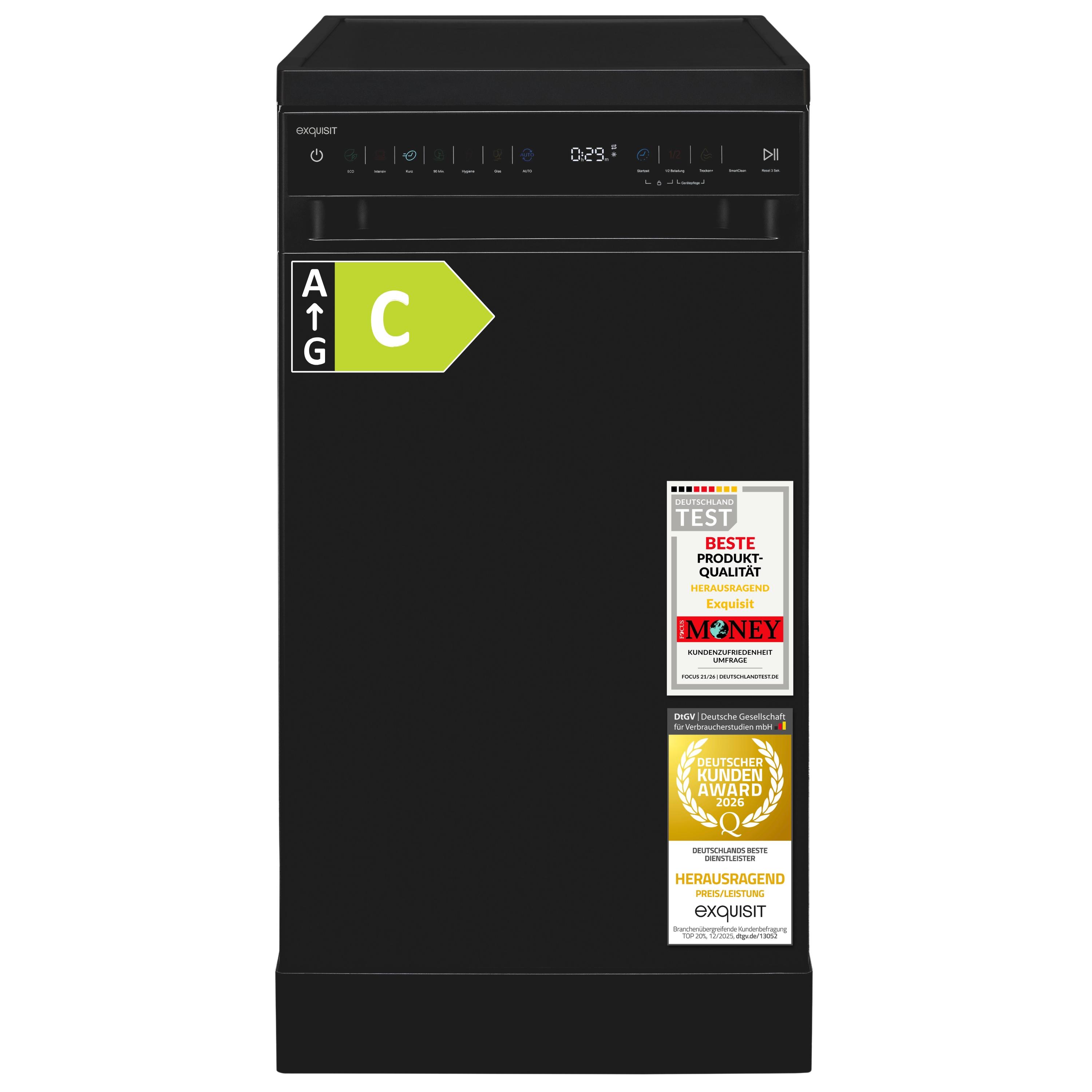 Exquisit Geschirrspüler 11 Maßgedecke | Energieklasse C | 7 Spülprogramme | Aquastop | Besteckschublade | Unterbaufähig | Startzeitvorwahl | Schwarz