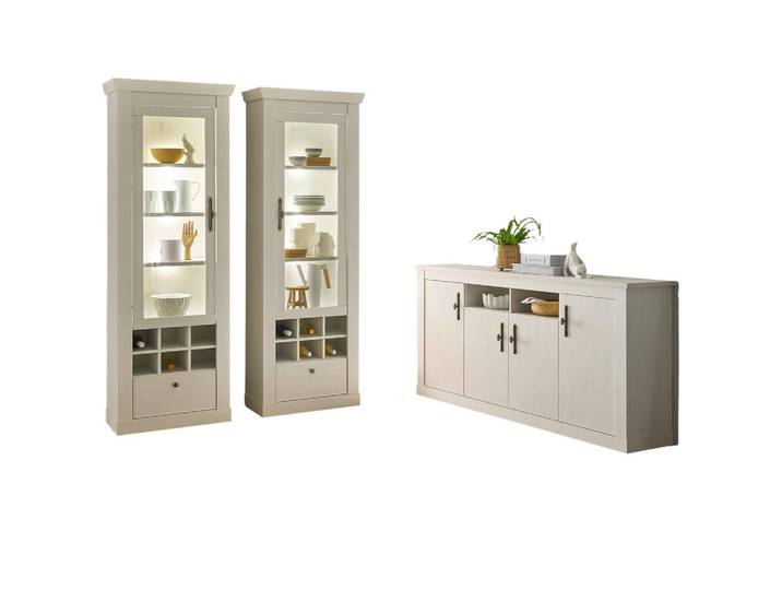 Furn.Design Esszimmer-Set weiß Pinie Landhaus, Speisezimmer 3-teilig, Soft-Close und Beleuchtung, Weiß, Kunststoff, Nachbildung,Pinie, Uni, 12 Fächer, 2 Schubladen, Rechteckig, 364x201x45 cm, Esszimmer