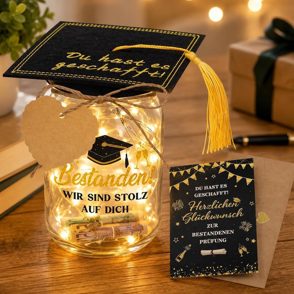 Afstudeercadeau met Led-flessenlicht en Inspirerende Spreuk voor Geslaagden
