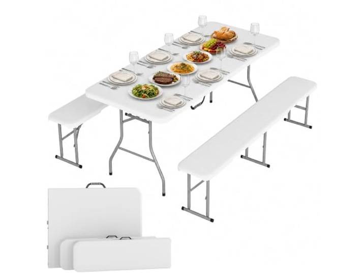 Outsunny Zusammenklappbarer Picknicktisch mit 2 Bänken, 1,8 m, tragbares Outdoor-Camping-Tischbank-Set mit Tragegriffen, Metallrahmen und HDPE-Tischplatte für Garten, Terrasse, Weiß