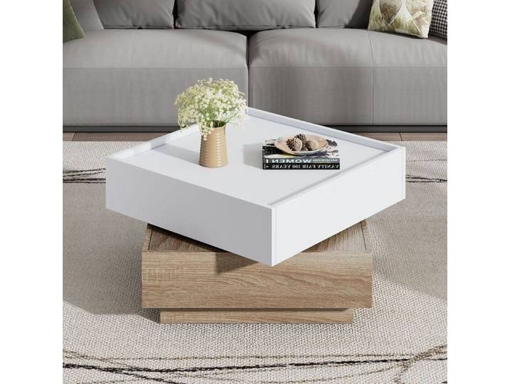 Table basse-rotative à 360°- D'appoint avec cadre en noyer pour le salon-blanc - 60x60x38cm