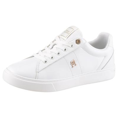 Sneaker TOMMY HILFIGER "ESSENTIAL ELEVATED COURT SNEAKER", Damen, Gr. 38, Textil, weiß, Leder, unifarben, Schuhe Sneaker, Freizeitschuh, Halbschuh, Schnürschuh mit TH-Schmuckelement
