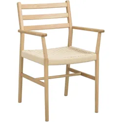 Stuhl Harlan mit Armlehne aus Eiche hell, Retro Chic, hellbeige Sitzfläche, für Dein Esszimmer