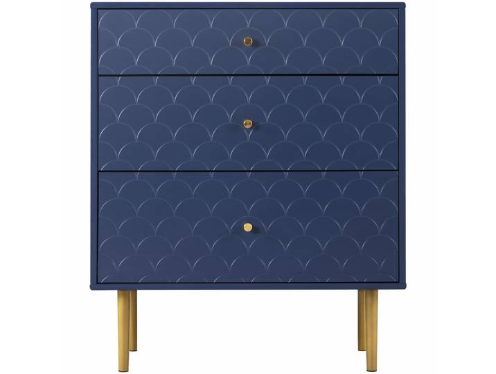 Commode bleu marine à 3 tiroirs avec pieds dorés