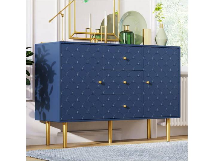 HOMVRA Commode 120x40x83 cm avec 2 portes et 3 tiroirs avec étagère réglable bois et métal bleu marine