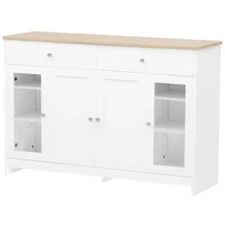 OKWISH Sideboards MDF Weiß/Holzfarbe 120x37x80 cm mit 2 Schubladen, 4 Türen und verstellbaren Regalböden