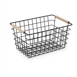 Relaxdays Drahtkorb, 2er Set, Metall, Holzgriffe, HxBxT 16 x 31 x 21 cm, eckiger Aufbewahrungskorb, Bad & Küche, schwarz