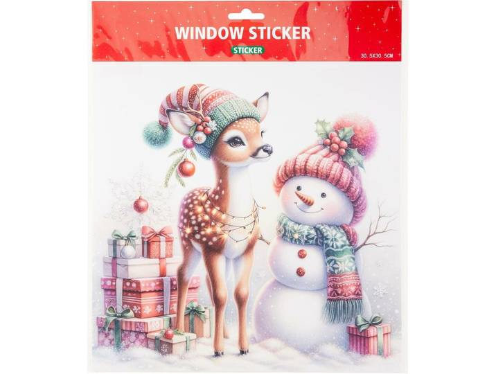 Raamsticker hert met sneeuwpop cadeaus 30x30 cm
