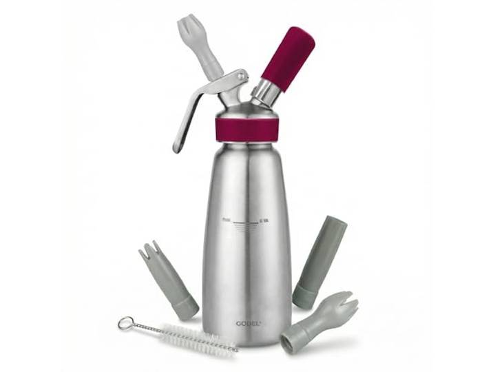 Gobel Profi-Küchensiphon aus Edelstahl – Sahnebereiter und Edelstahlkopf – 0,5 l – Profi-Qualität – mit 3 hochwertigen Edelstahl-Tüllen und Reinigungsbürste