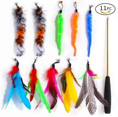 Inspire Select Retractable Cat Fishing Rod Toy Set Interactive Feather Wand With Caterpillar Replacement Heads black