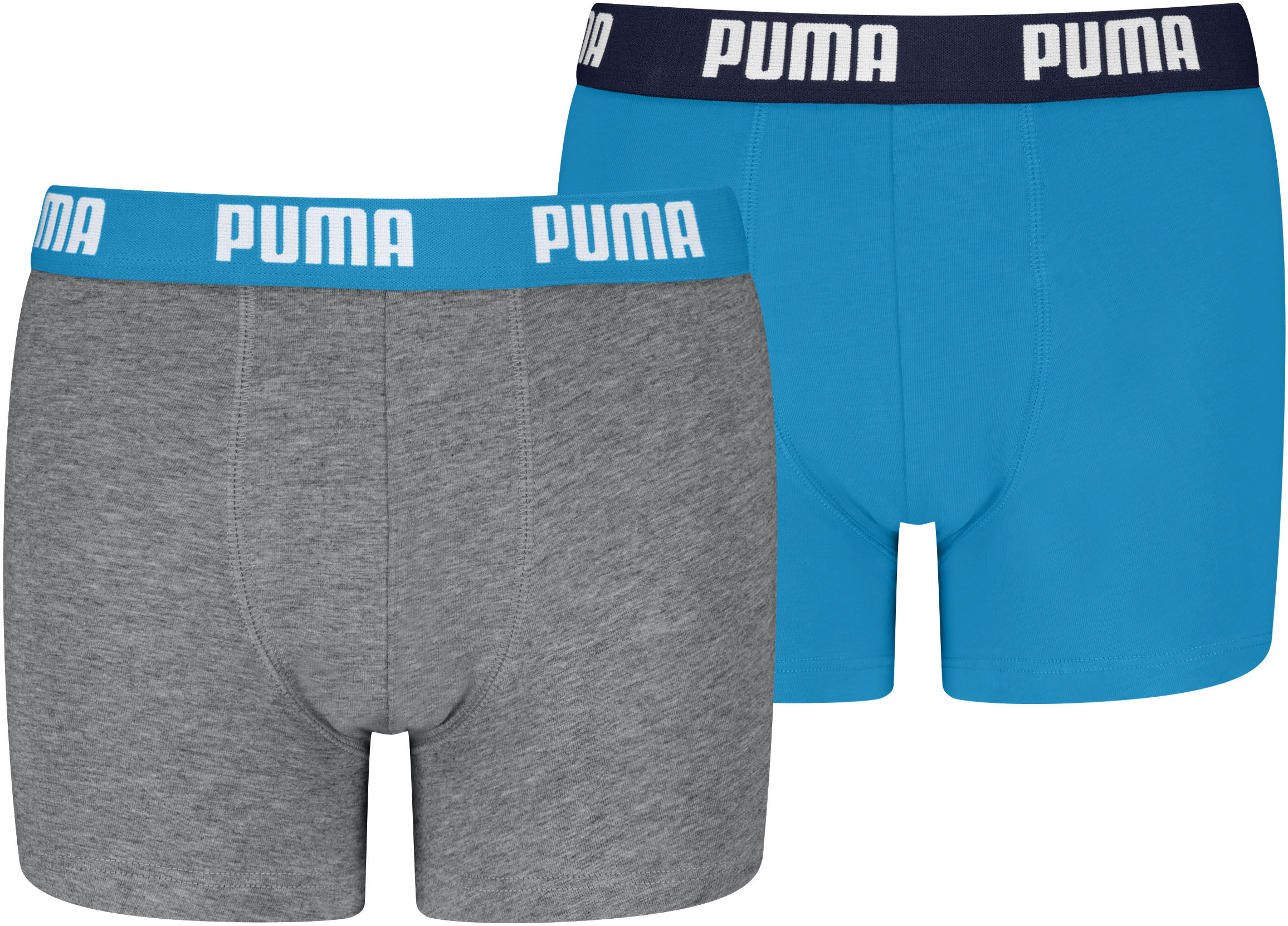 Boxershorts PUMA "PUMA BOYS EVERYDAY BASIC BOXERS 2P", Jungen, Gr. 146/152, blau (grau, meliert, blau), Jersey, Obermaterial: 95% Baumwolle, 5% Elasthan, unifarben, normal, Unterhosen Boxershorts, Boys, mit Logobund, elastisch grau, meliert, blau 146/152