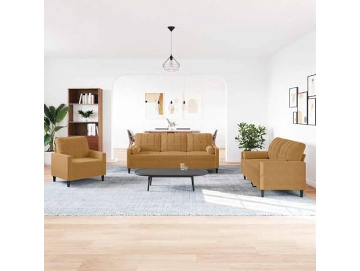 YUTAASU 3-TLG. Sofagarnitur mit Kissen und Nackenrollen Braun Samt Metallgestell, Dick Polsterung, Modernes Design, Robust und Stabil