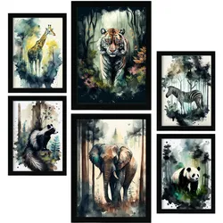 POSTER Set Mit 6 Wilde Welt Illustrationen Von Tieren In Naturlandschaften, Realistischer Aquarellstil Innenarchitektur A3 & A4 Schwarzer Rahmen
