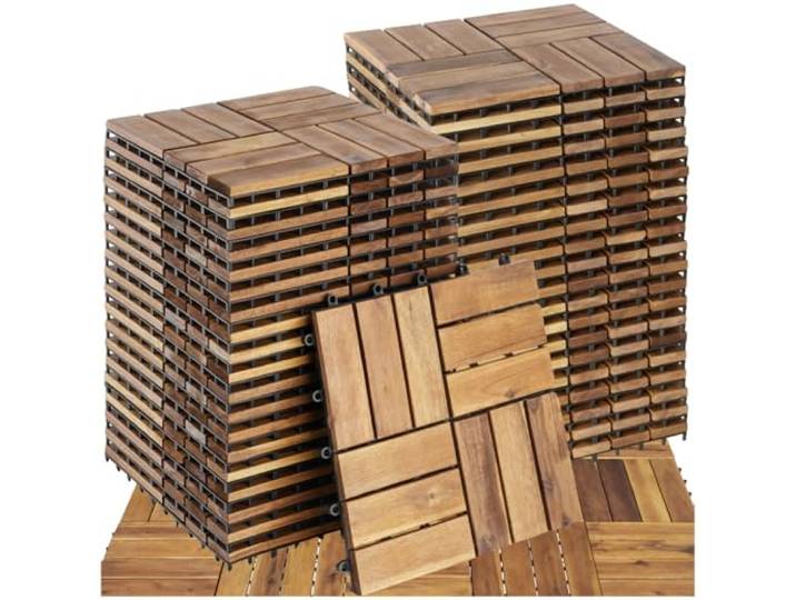 tectake® Holzfliesen, Holz Fliesen wetterfest, Bodenbelag für Wintergarten, Bodenfliesen, Balkonboden, Boden Trittsteine Garten, Terrassenfliesen mit Klicksystem, Drainage - 40er Set/12er Lamellen