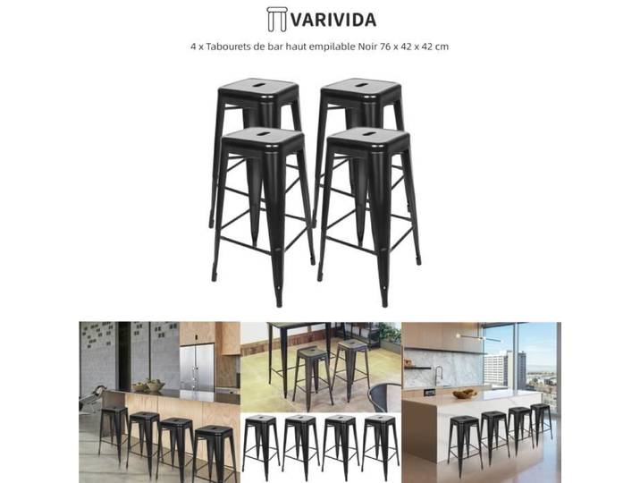 VARIVIDA 4 x Tabourets de bar haut empilable Noir 76 x 42 x 42 cm