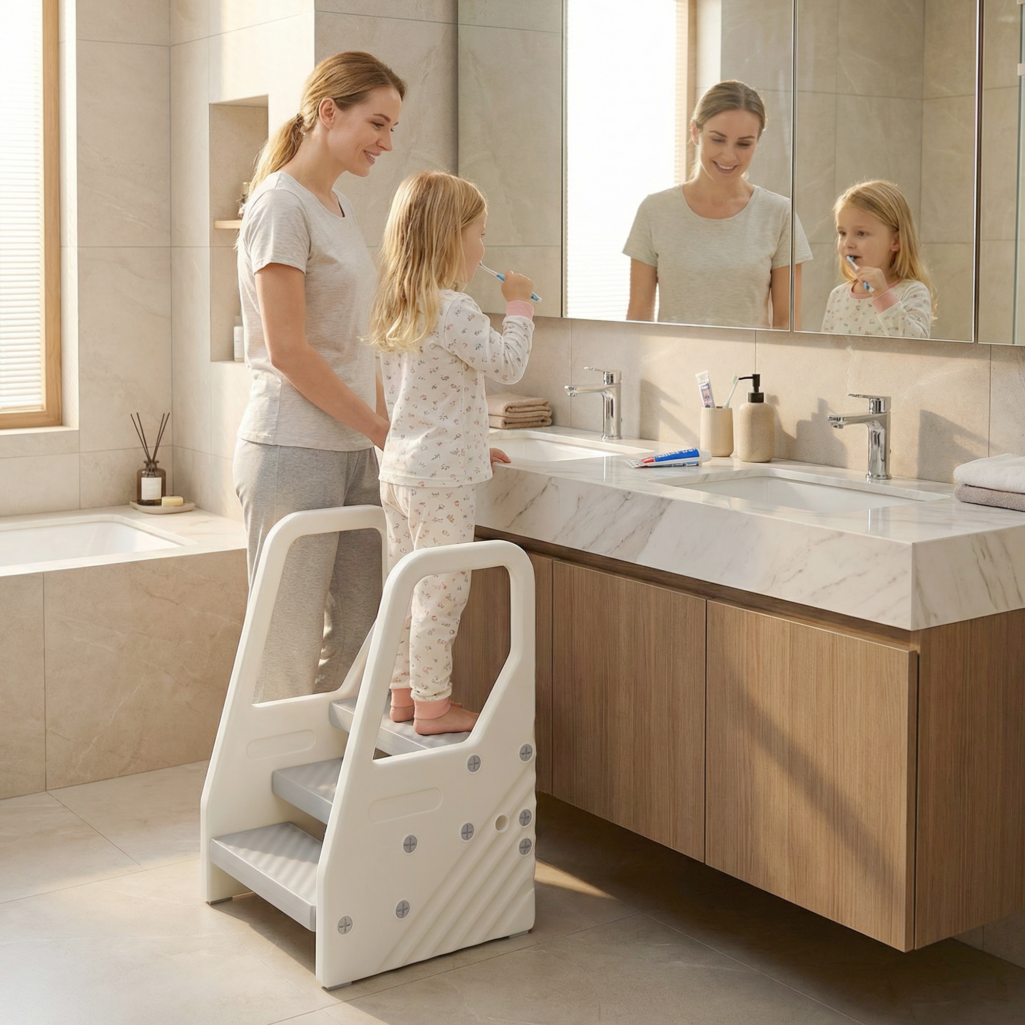 Aiyaplay Scala Montessori per Bambini 2-5 Anni a 3 Gradini con L'altezza regolabile in HDPE, 43x42x65.5 cm, Grigio e Bianco Crema Aosom Italy