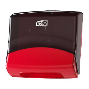 Tork Handtuchspender Performance, 654008, W4, für bis zu 300 Falthandtücher, Kunststoff, rauchgrau / rot