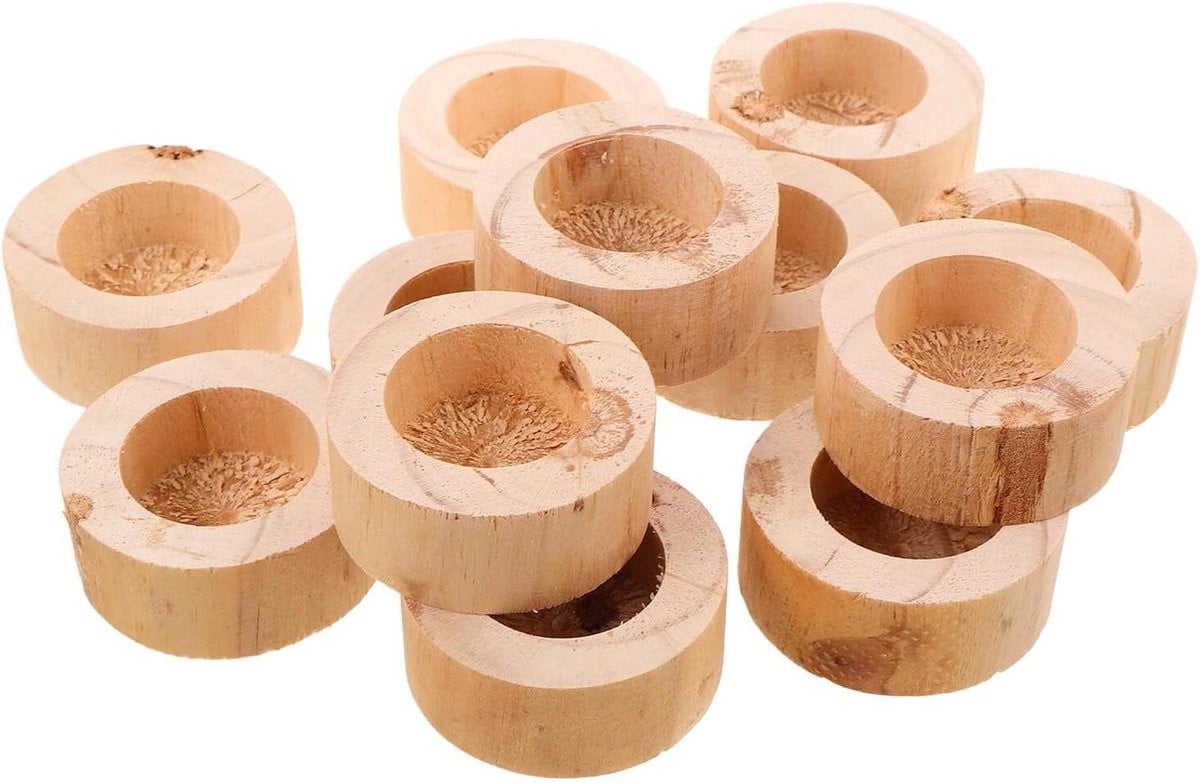 Set van 12 rustieke houten theelichthouders in beige voor sfeervolle decoratie