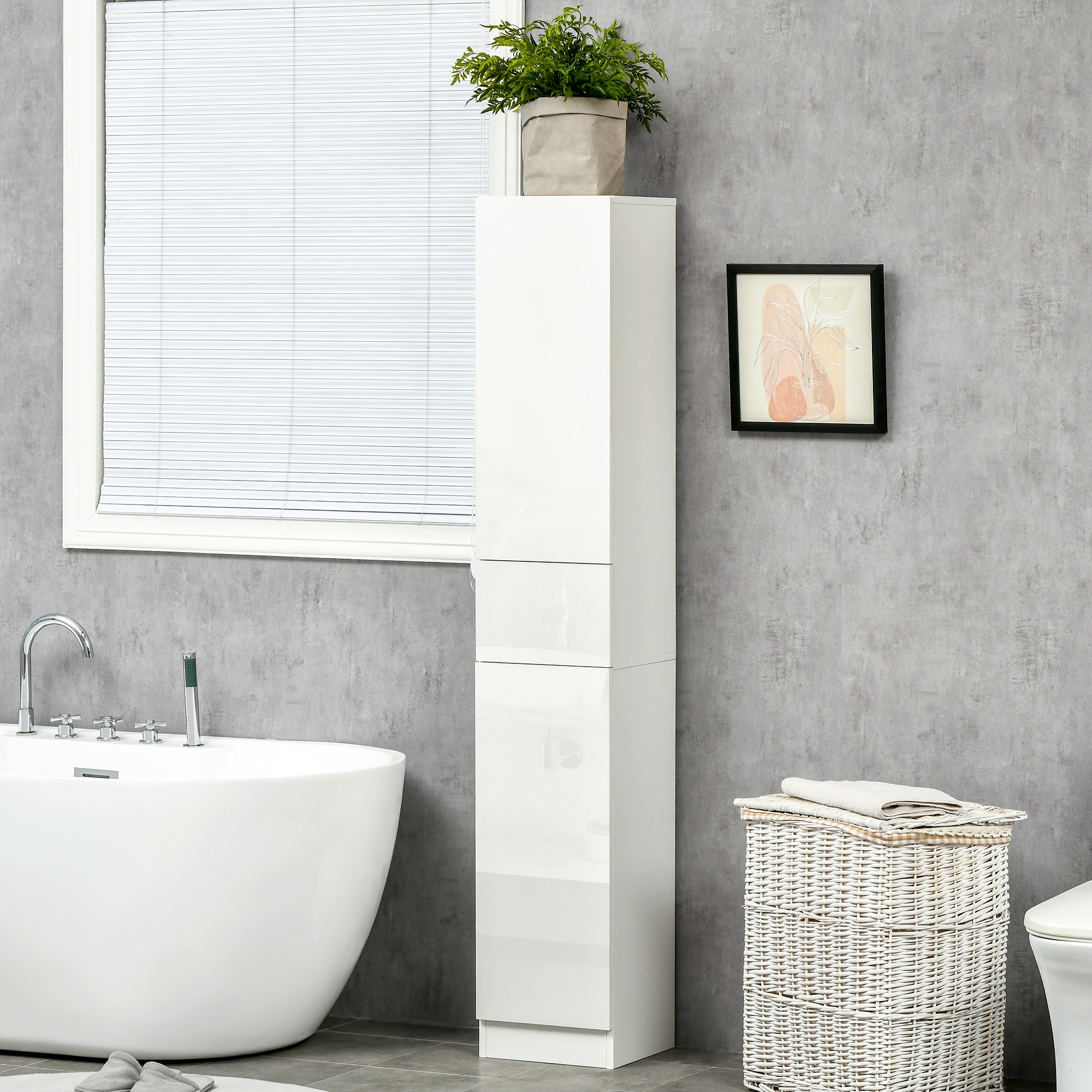 Kleankin Colonna Bagno con Cassetto e 2 Armadietti Bianco Lucido, 30x28x170cm Aosom
