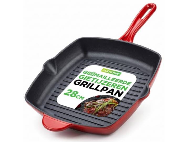 NutriChef Grillpan – 28 cm Geëmailleerde Gietijzeren Skillet-Vierkante Koekenpan met Druppellip- Geschikt voor Alle Kookplaten- Perfecte Grillstrepen