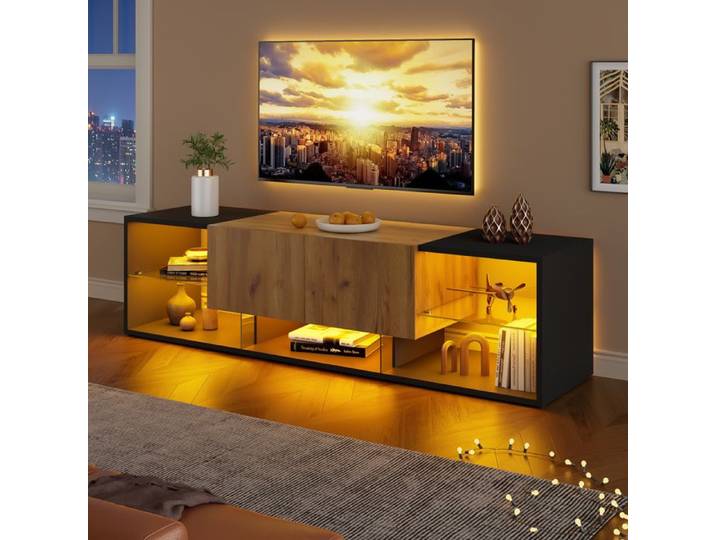 Meuble TV 160 cm - Étagères en Verre - LED - Console Télévision - 3 Niveaux - 2 Tiroirs pour Salon - Noir