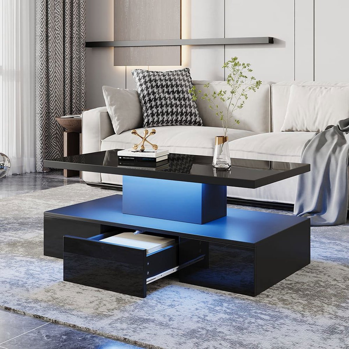 Pugsdrly Tweelaagse salontafel met 16 kleuren LED-verlichting, uitschuifbare lade en open plank, zwart