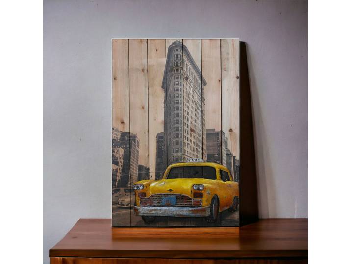 Tableau Relief Taxi Jaune New yorkais en Bois et Métal