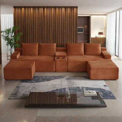 "140.6"" Corduroy U-Shape Modular Sectional Sofa with Minimalist Style and Compressible Design"