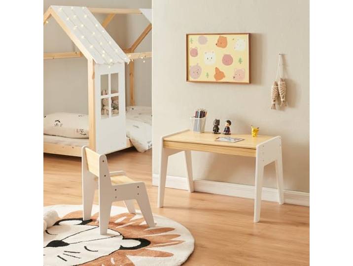 [en.casa] Kinderbureauset met stoel Skinnskatteberg kindertafel met lade bureaustoel met armleuning hout speeltafel voor kinderen naturel en wit