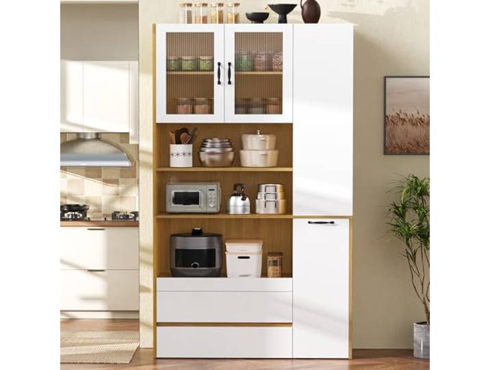 Merax Küchenschrank, Highboard mit 2 Schubladen, Ausziehbaren Regalböden, Offenen Ablagefächer und Riffelglas, Küchenbuffe, Buffetschrank für Wohnzimmer, Küche, Esszimmer, 100×40×200cm (Weiß+Natur)