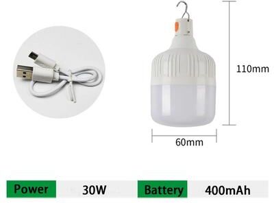 Inspire Select USB Rechargeable LED Camping Light Bulb 30W 60W 100W Portable Emergency Lantern With Hook For Outdoor Camping 30w 60mm