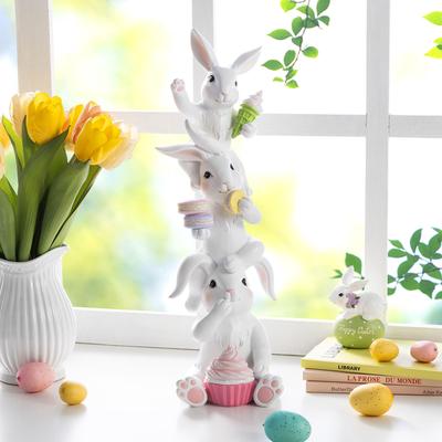Glitzhome Easter Resin Bunny Holding Macaron Table Decor Stacked Rabbit Figurine