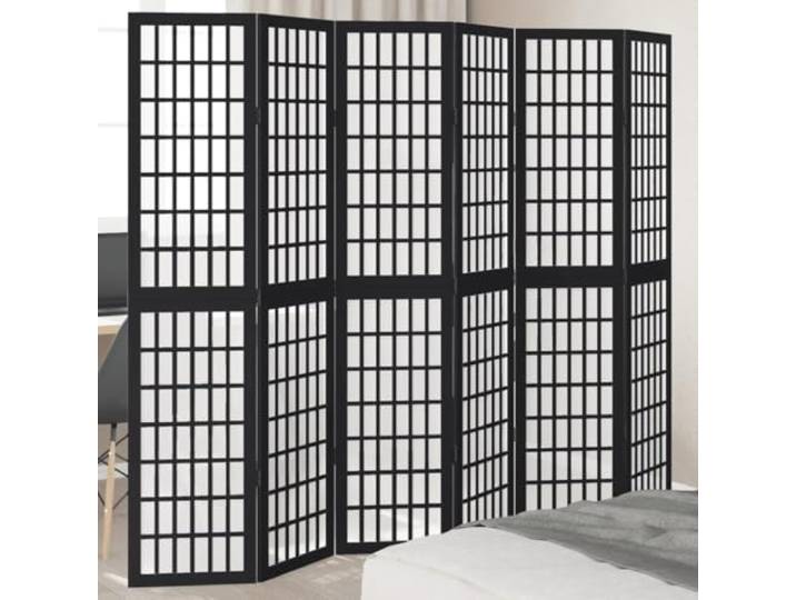 Paravent 6 Paneele Paulownia Massivholz, schwarz, Raumteiler, faltbar Robustes Holz, verdeckte Metallscharniere, für den Innenbereich, einfache Wartung, symmetrisches Gitterdesign