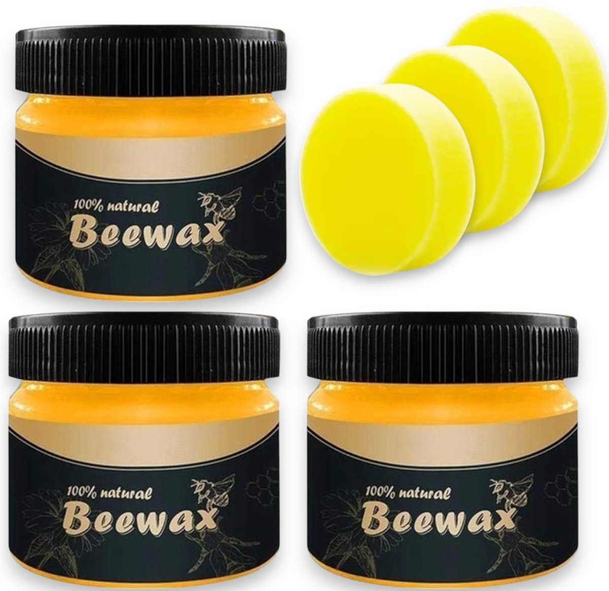 Dutchers 6-delige Bijenwas Polijstset voor Meubelonderhoud en Houtbescherming – 3x 80g per pot inclusief 3x spons