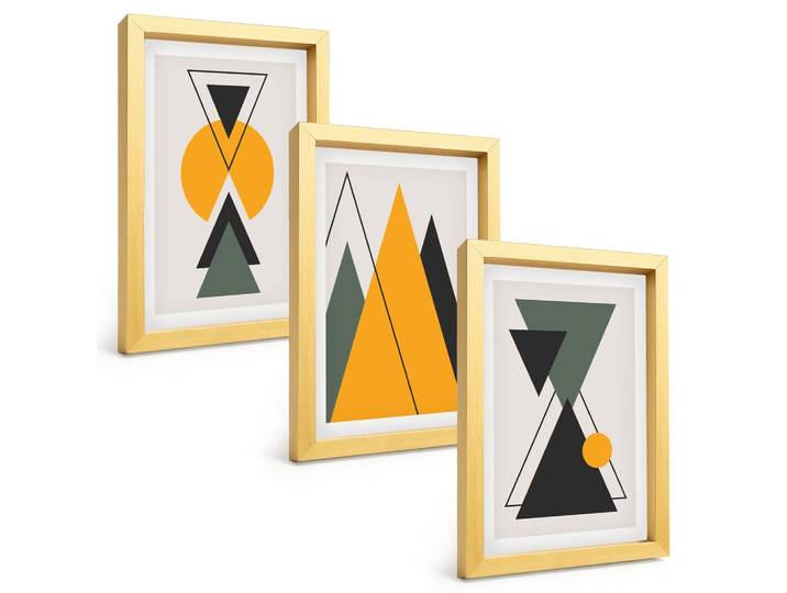 BILDER SET 3er Set - 20x30 cm Goldrahmen - Abstrakte geometrische Formen