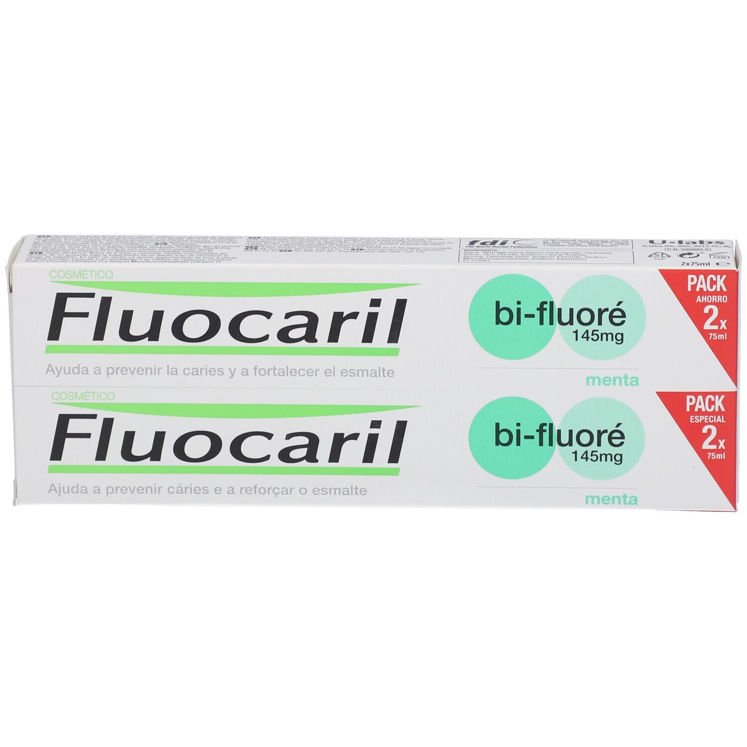 Fluocaril Tandpasta Munt Bi-Fluor 145mg DUO Promo 19x3,1x6,5 cm Zahnpasta