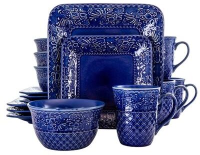 Elama Indigo Elegance 16 Piece Square Stoneware Dinnerware Set