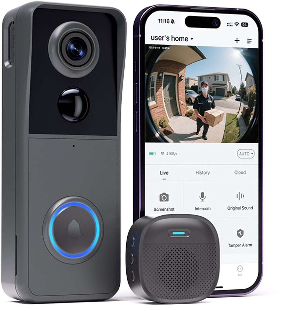 Draadloze WIFI Slimme Video Intercom Deurbel met Camera en PIR-bewegingsdetectie in Grijs