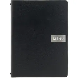 Securit® Speisekartenhülle A4 "Leather" - Schwarz - Linie "Raw" - 100% ökologisches Leder - "Menu"-Plakette + Blankoplakette inklusive - 4 Sichtseiten